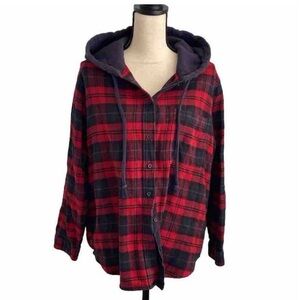 American Eagle Red Blue Plaid Flannel Hoodie Shacket Preppy Jacket size Large